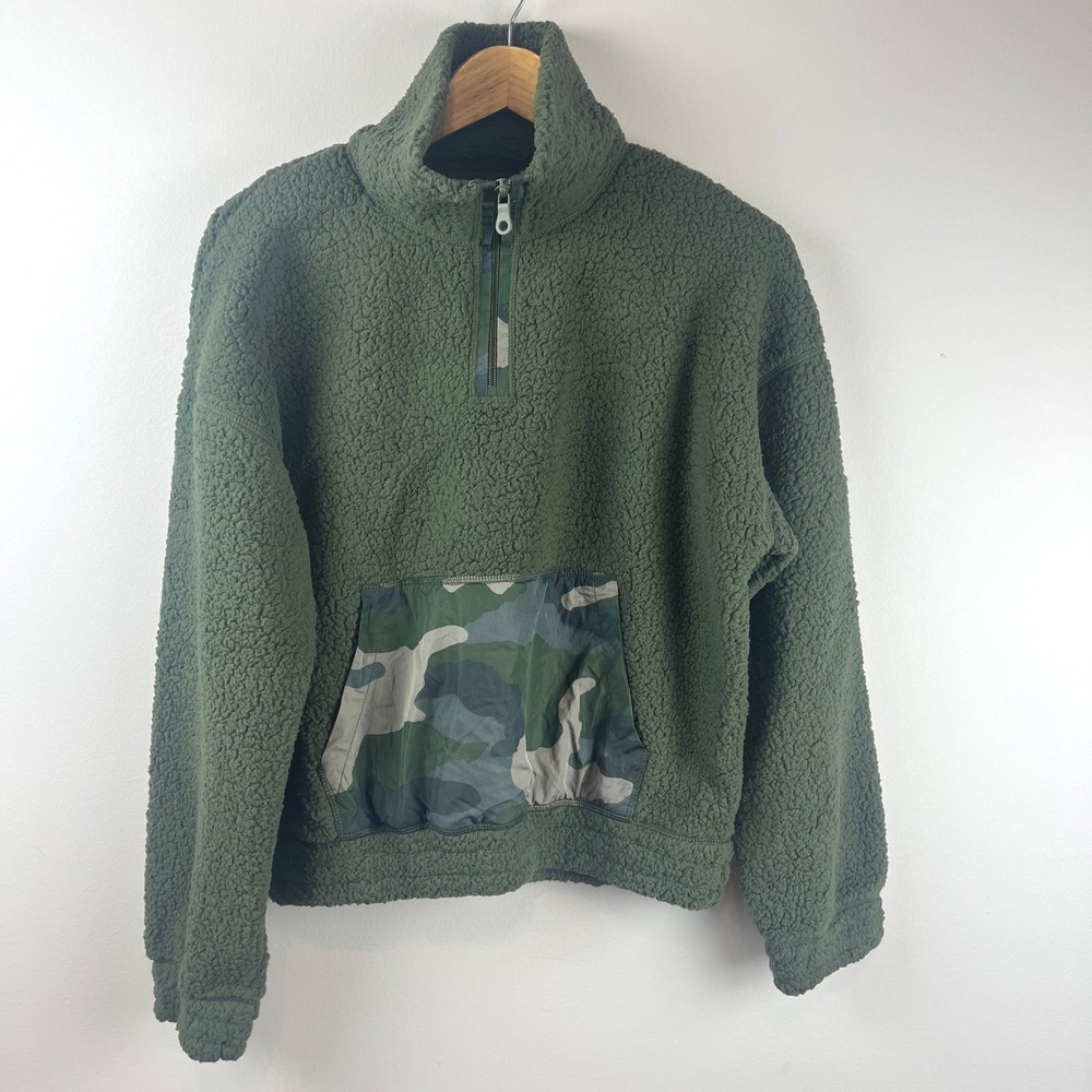 2/$30 NWT OFFLINE By Aerie Green Camo Fluffy Sherpa Quarter Zip Sweatshirt Small - Picture 3 of 5